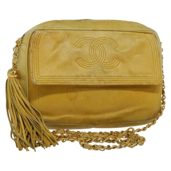 CHANEL Chain Shoulder Bag Lamb Skin Yellow Gold CC - Picture 1 of 15